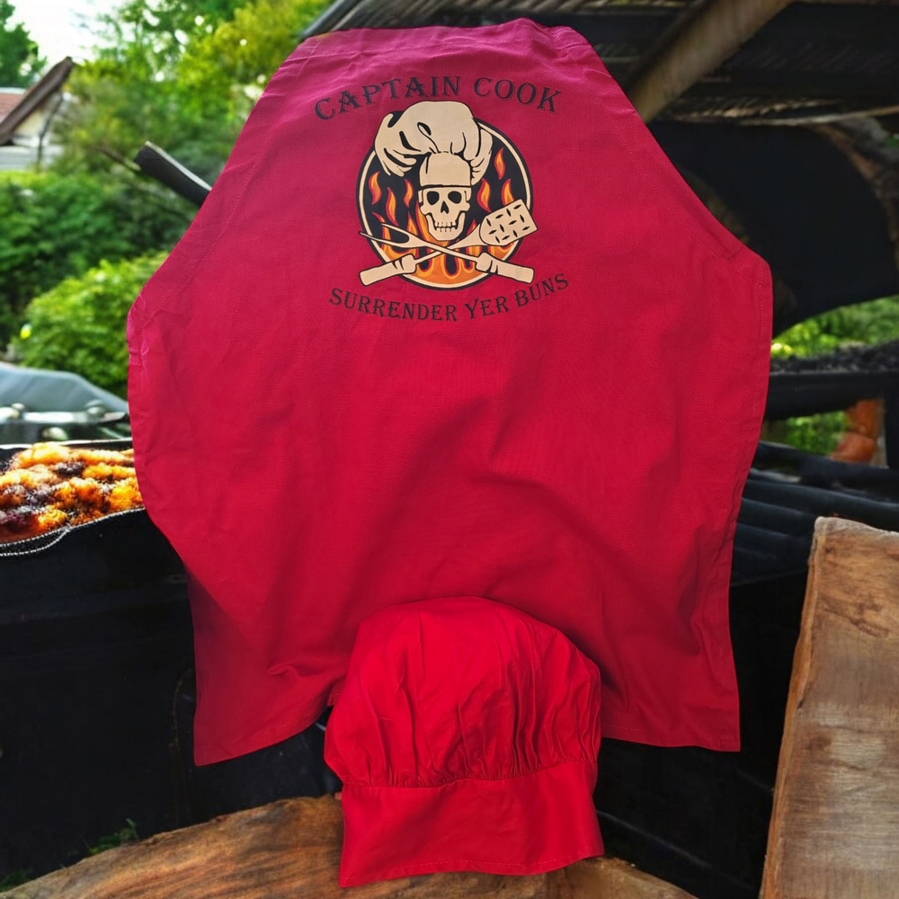 🔥 Captain Cook Apron & Chef Hat Set – “Surrender Yer Buns” Design 🔥